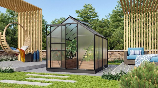 Vitavia Gewächshaus Venus 5000 Schwarz mit Polycarbonat, Dachfenster und Schiebetür, 5 m² - Bild 3