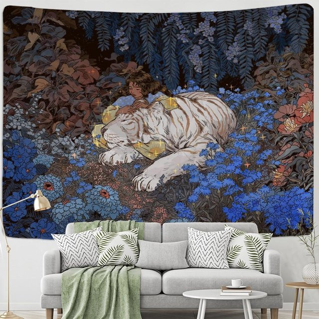 Wandteppich Super Six mit Dschungel Tier und Blumen Illustration im Boho Stil, Farbe Grau/Mehrfarbig, B: 95 cm, H: 70 cm - Bild 1