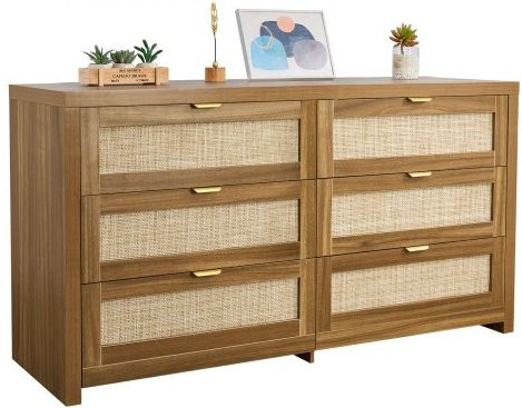 VEVOR Rattankommode mit 6 Schubladen in Walnuss, moderner Aufbewahrungsschrank für Schlafzimmer und Wohnzimmer, B/T/H: 144,5 x 45,0 x 79,5 cm - Bild 1