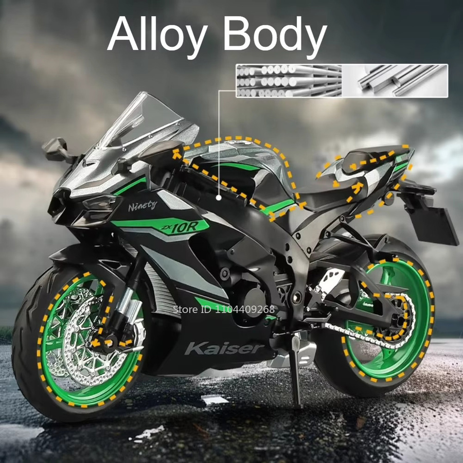 MAKEDA Kawasaki ZX-10R KX450 Motorrad Spielzeug Modell, Maßstab 1:12, Metall, Grün - Bild 3