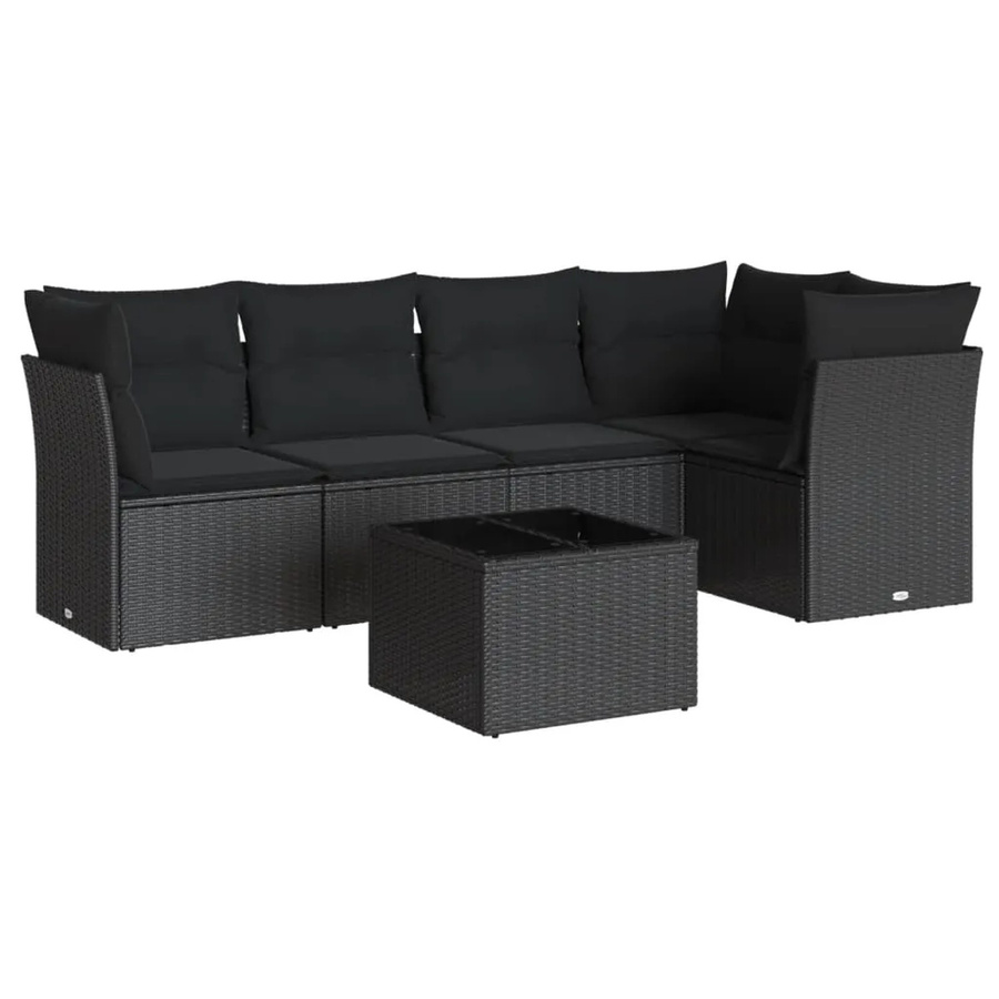 vidaXL 6-tlg Garten-Sofagarnitur in L-Form mit Kissen und Couchtisch, Schwarz, Poly-Rattan und Metall - Bild 2