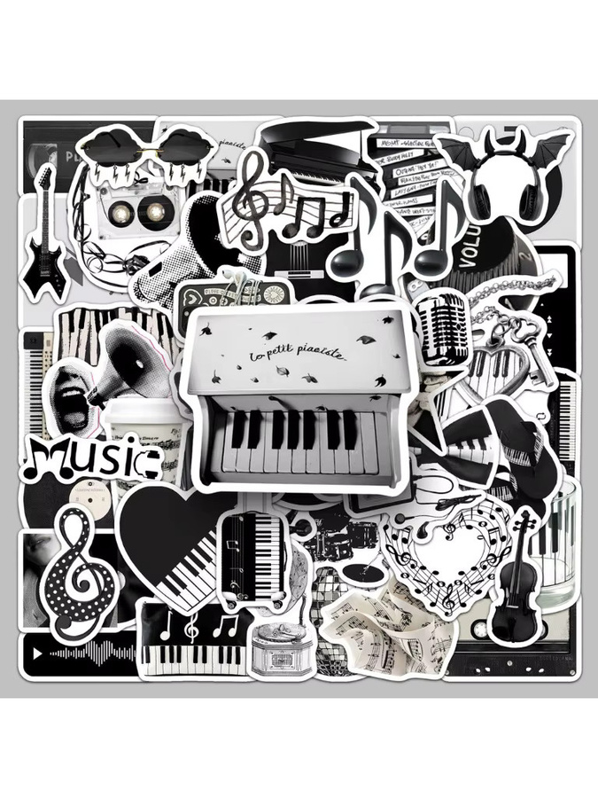 50 Stück wasserfeste Musik-Aufkleber im INS-Stil in Schwarz und Weiß von LanLanStickersWorld Store für Handyhüllen und Tagebücher - Bild 6