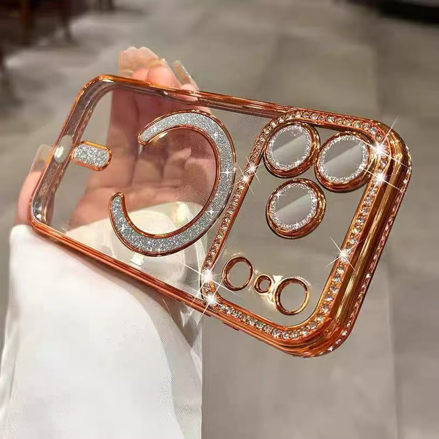 Glitzernde Magnet-Schutzhülle für Apple iPhone 16 15 14 Plus 13 12 Pro Max in Transparent/Silber mit kabelloser Ladefunktion und Stoßschutz - Bild 2
