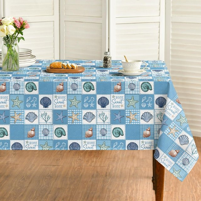 Rechteckige Tischdecke von JMG Household Supplies im Sommer Ozean Patchwork-Stil mit Muscheln und Seesternen, Blau, B/T: 140 x 200 cm - Bild 1