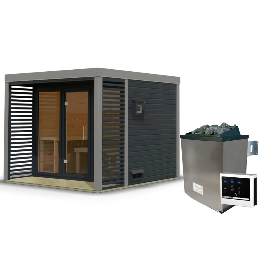 Karibu Saunahaus Seros aus Fichte und Espe mit 9 kW Ofen, externer Steuerung und Ganzglasfront in Anthrazit/Grau - Bild 2