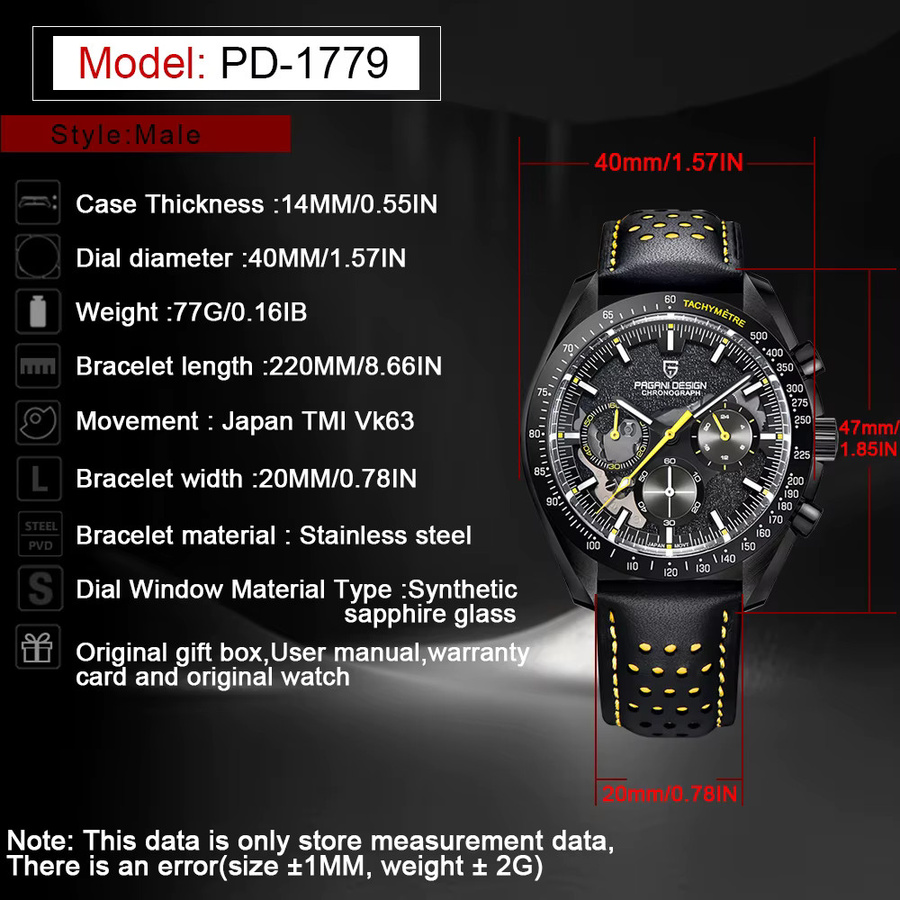 PAGANI DESIGN Chronograph, Quarz, Edelstahl, Leder, Schwarz, Herren - Bild 6