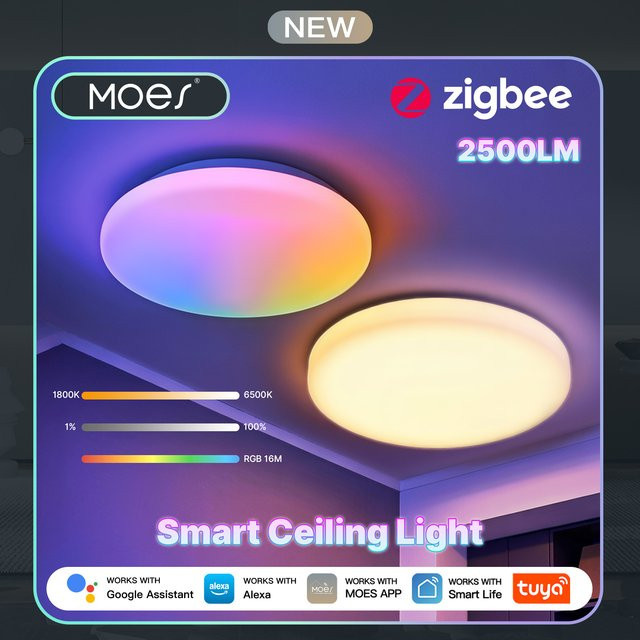 MOES Tuya Zigbee Smarte LED-Deckenleuchte in Weiß, RGBW Ambiente-Lampe mit dimmbarer Farbtemperatur und App- sowie Sprachsteuerung für Alexa und Google Assistant - Bild 1