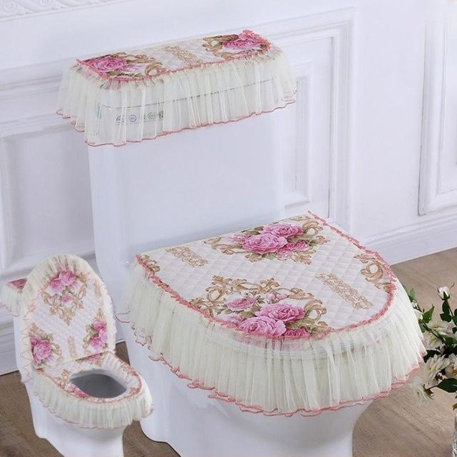 3-teiliges Set BC-Warm Home Toilettendeckel-Bezüge aus Spitze mit floralem Design, abnehmbarer Staubschutz, Farben: Pink, Blau, Grün und Multicolour, B/T/H: 47 x 36 x 36 cm - Bild 1