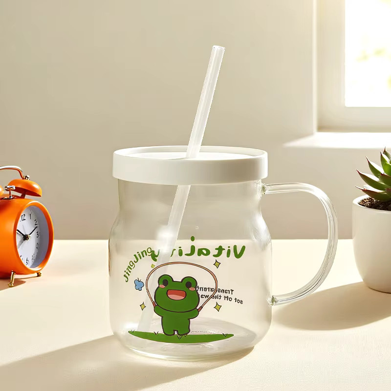 HeY LiLac Strohhalmbecher aus Borosilikatglas mit Cartoon-Design, lila/transparent, 600 ml - Bild 1
