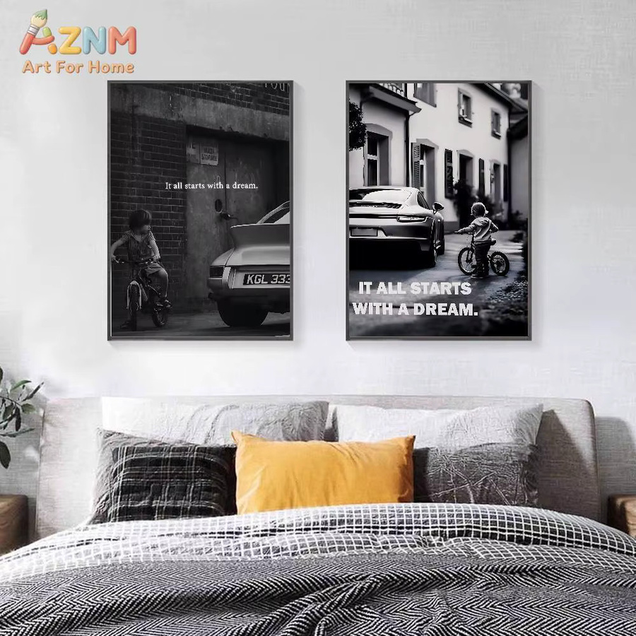 AZNM It All Starts With A Dream Porsche Leinwand-Wandkunst, Schwarz-Weiß, Ungerahmt - Bild 4