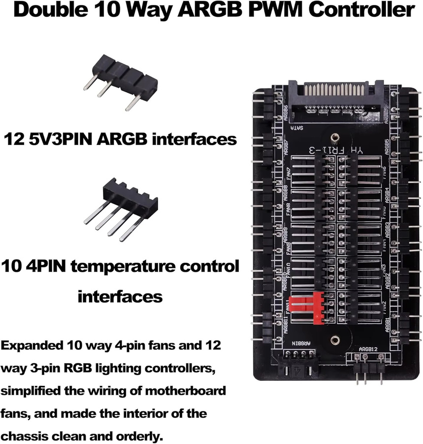AuyiHomu Doppelter 10-Wege ARGB PWM Hub in Schwarz mit 10x 5V 3-Pin ARGB und 10x 4-Pin PWM Anschlüssen, SATA-betriebener PC-Kühlungs- und Beleuchtungs-Synchronisations-Hub - Bild 5