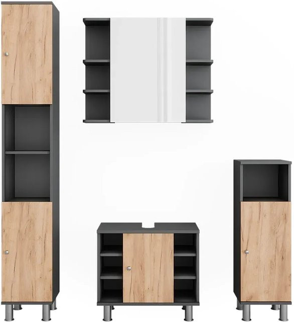 Vicco Badmöbel-Set Fynn in Anthrazit und Goldkraft Eiche, 4-teiliges Set bestehend aus Waschtischunterschrank, Spiegelschrank, Hochschrank und Seitenschrank - Bild 1