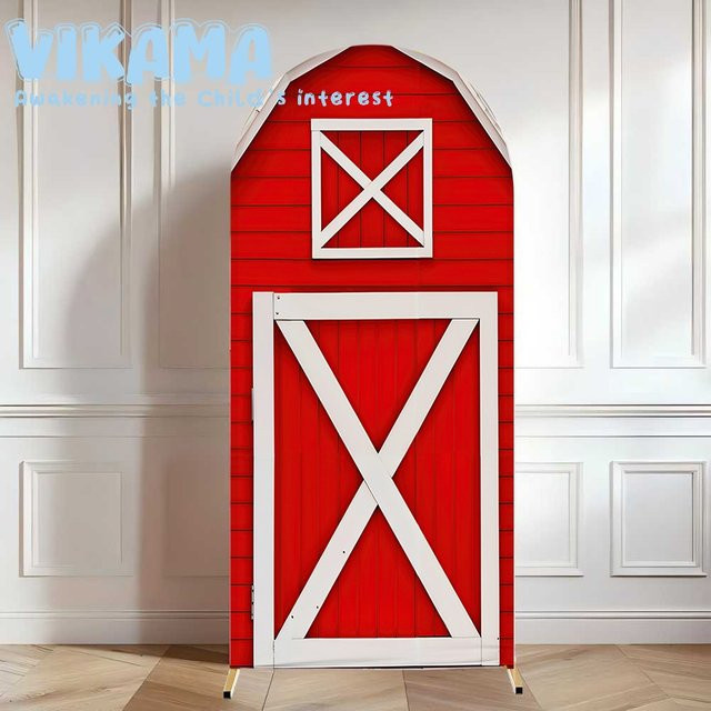 VIKAMA Bauernhaus-Bogen-Hintergrund mit roter Scheunentür im rustikalen Stil für Party, Geburtstag oder Hochzeit, Farbe: Rot, B/H: 120 x 50 cm - Bild 1