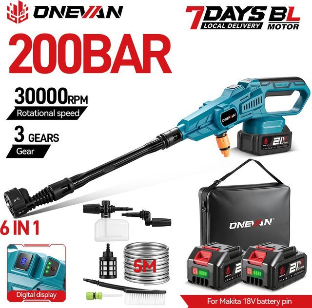ONEVAN 200Bar Bürstenloser Hochdruck-Elektroreiniger mit 6-in-1 Akku-Sprühpistole für Makita 18V Akkus - Bild 1
