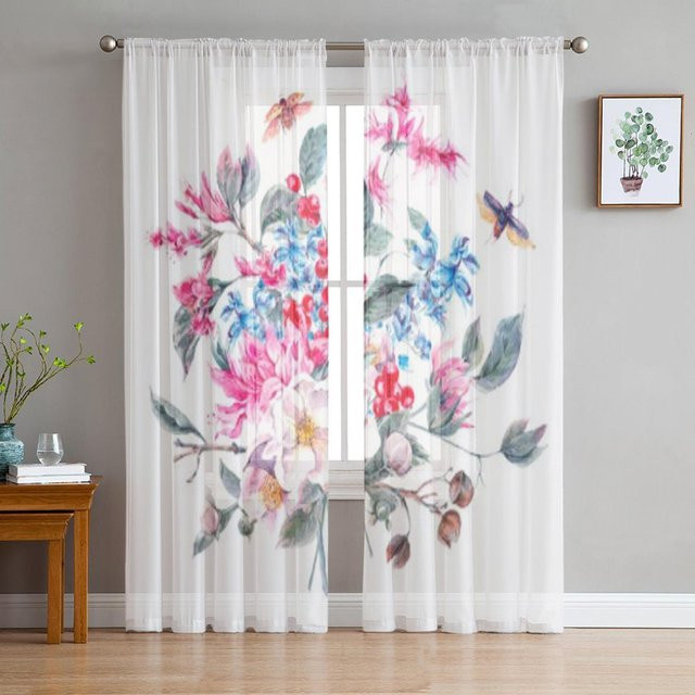Super Six Transparente Tüll-Gardine mit Aquarell-Frühlings-Blumenmuster in Weiß, B: 135 cm, H: 114 cm - Bild 1