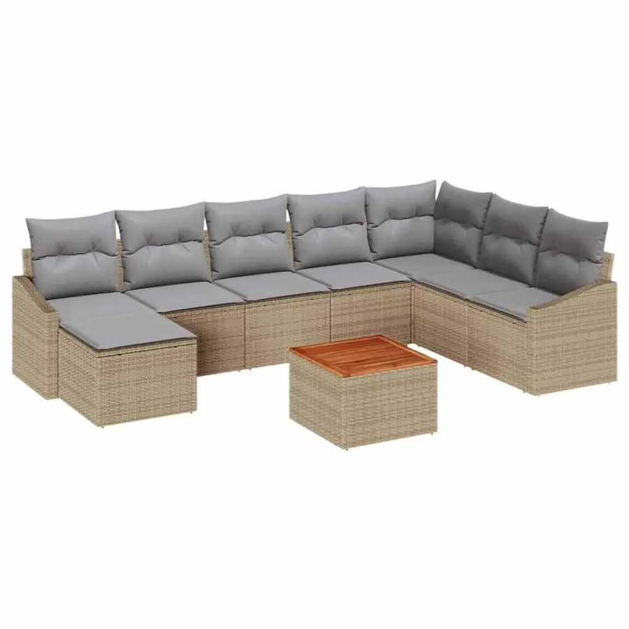 vidaXL Garten-Sofa-Set aus Poly-Rattan und Akazienholz in Beige-grau, 9-teiliges L-Shape Lounge-Set mit UV-beständigen und wetterfesten Kissen - Bild 2