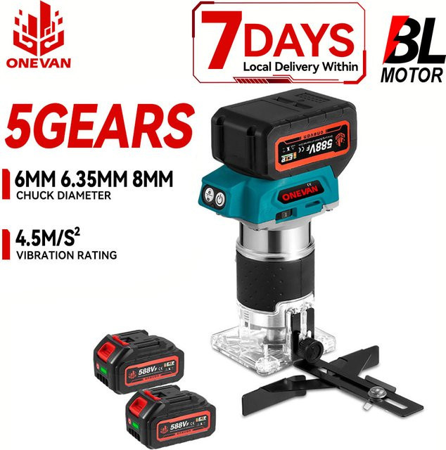ONEVAN Bürstenloser elektrischer Trimmer 1600 W mit 5 Gängen, kabelloser Router für Makita-Akku-Pin, Farbe: Petrol - Bild 1