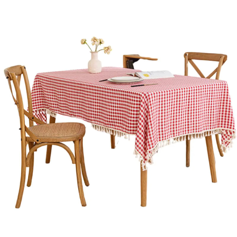 Inyahome Tischdecke aus Baumwolle, rot kariert, rechteckig mit Quasten, knitterfrei und waschbar - Bild 5
