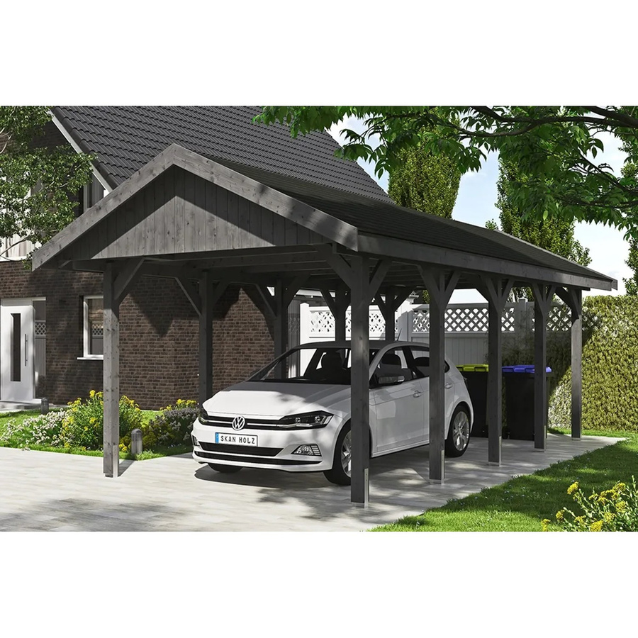 Skan Holz Carport Wallgau Satteldach aus Nadelholz in Schiefergrau mit schwarzen Schindeln, B: 380 cm, T: 750 cm, H: 313 cm - Bild 2