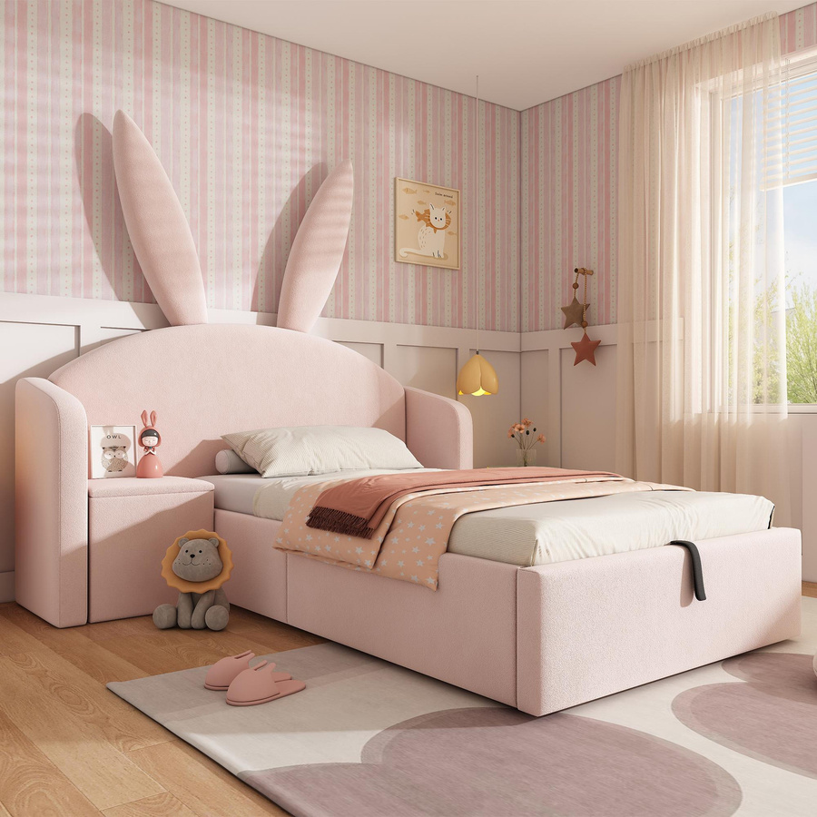 AB Store Polsterbett mit Hasenohren-Kopfteil und hydraulischem Staukasten in Rosa, inklusive Nachttisch, B/T/H: 206 x 149 x 143 cm - Bild 2