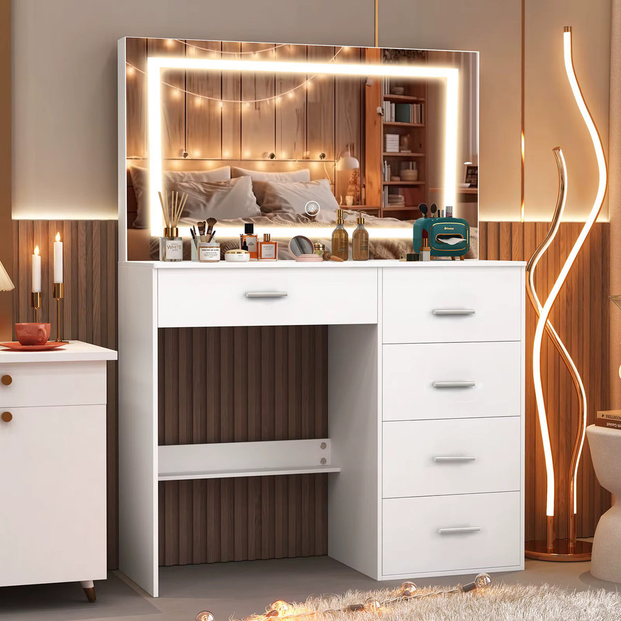Onesaimei Moderner Schminktisch in Weiß mit LED-Spiegel und Aufbewahrungsschubladen für dein Schlafzimmer - Bild 2