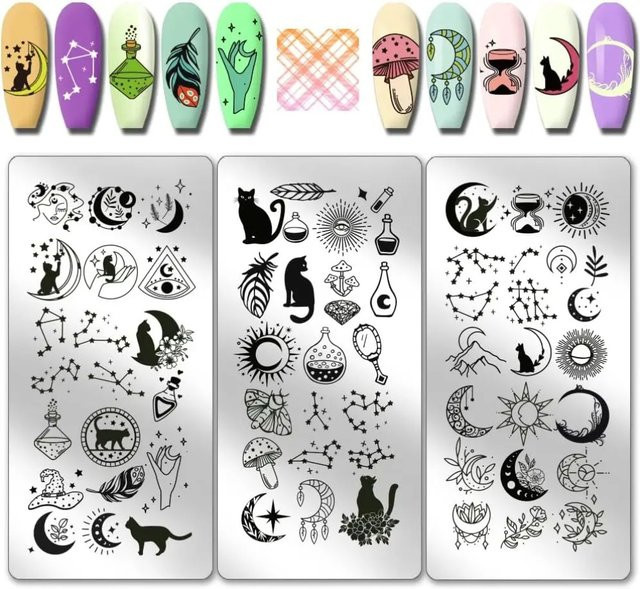 3er-Set Nagelstempel-Platten aus Edelstahl mit Mond, Sternen und Katze-Motiven für Nail Art - Bild 1