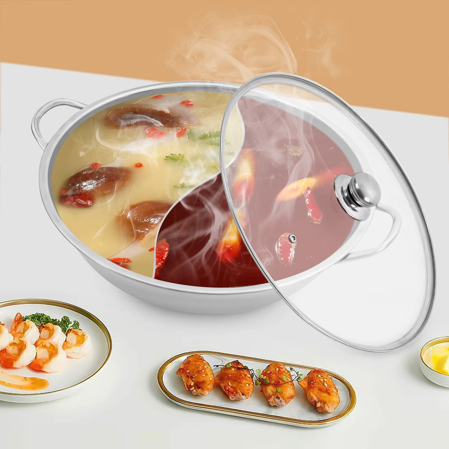 Bymaocar Hot Pot mit Trennwand aus 304 Edelstahl und Glasdeckel in Silber, Kochtopf-Set für Induktion, Gas und Backofen - Bild 2