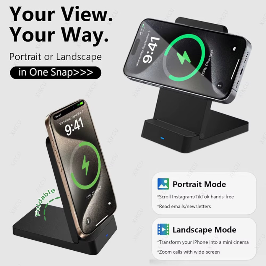 VIKEFON Magnetisches kabelloses Ladegerät 15W, faltbare Handyhalterung für iPhone 12 bis 17 Pro Max, Schwarz - Bild 2