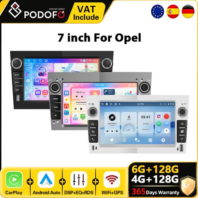 Podofo Android Autoradio mit 7 Zoll Display, 6GB RAM und 128GB Speicher, CarPlay und Android Auto, GPS, WiFi und Bluetooth, Schwarz, passend für Opel Astra Antara Vectra Corsa Zafira Meriva Vivaro Combo Signum Tigra Twin Top - Bild 1