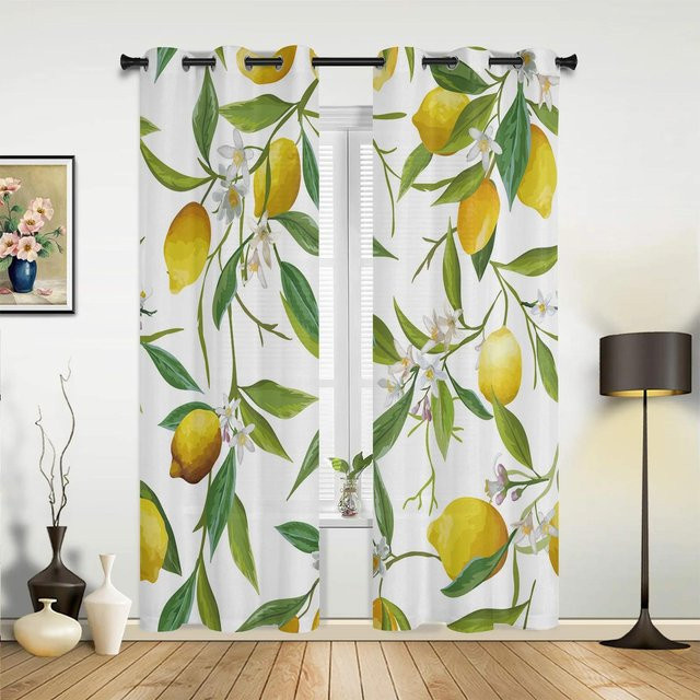 Yiran Furniture Vorhänge mit Zitronen-Motiv in Gelb und Weiß, semi-transparent, Polyester, Breite: 135 cm, Höhe: 160 cm, 2er-Set - Bild 1