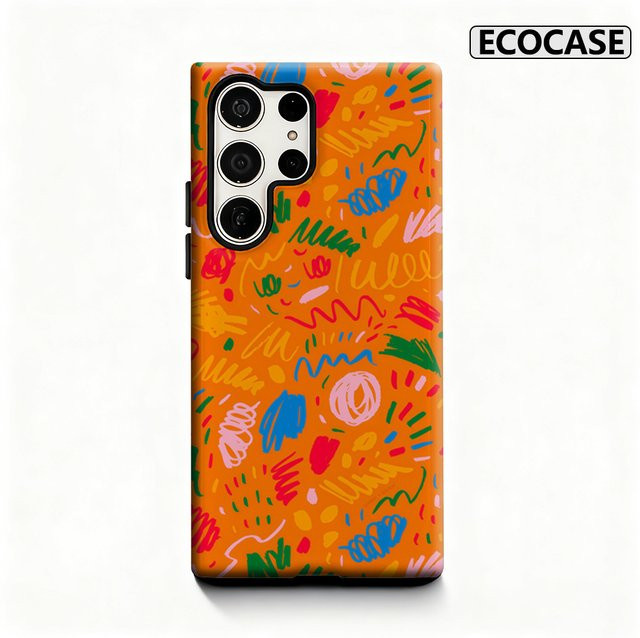 Glänzende Handyhülle mit orangefarbenem Kritzel-Design für Samsung Galaxy S25 Ultra, S24 und S23 Ultra Plus mit doppellagiger Rückseite - Bild 1