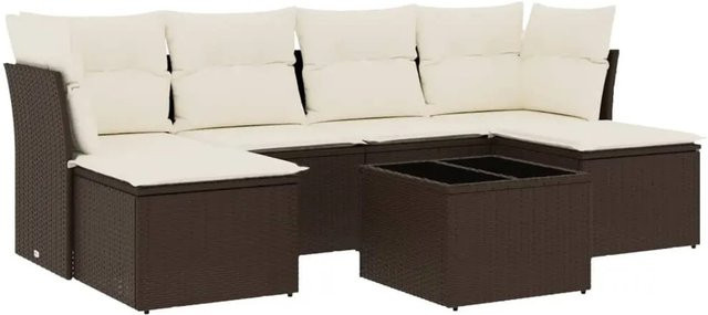 vidaXL 7-teilige Garten-Sitzgruppe in L-Form mit Kissen, Braun, Polyrattan und Metallrahmen - Bild 1