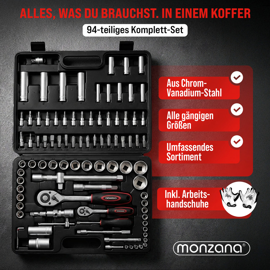 Monzana Werkzeugset 94-teilig aus Chrom-Vanadium-Stahl mit Handschuhen in Schwarz und Multicolour, 1/4 Zoll - Bild 2