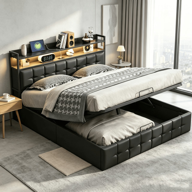 Modernes Polsterbett mit Stauraum und Kopfteil in Grau, Doppelbett mit hydraulischem Lift-up-System aus Kunstleder, B/T/H: 160 x 200 cm - Bild 1