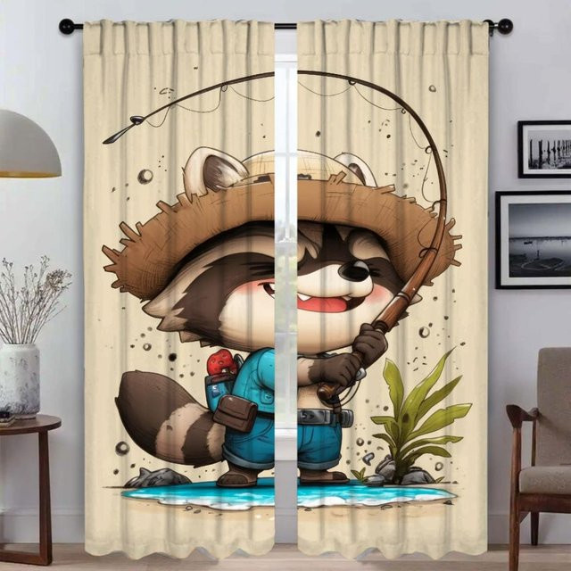 Meerwaschbär Trennwand Vorhänge aus Polyester mit Tiermotiv für Wohnzimmer und Schlafzimmer, 2er-Set, B: 50 cm, H: 70 cm - Bild 1