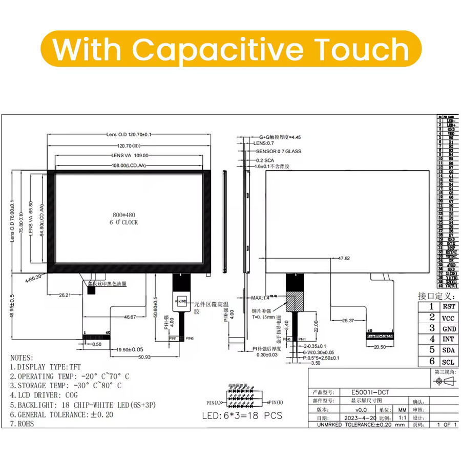 UICPAL 5-Zoll TFT-LCD-Anzeigemodul mit RGB IPS Display, 800 x 480 Pixeln, 40Pin und kapazitivem Touchscreen mit ILITTEK-Treiber - Bild 2