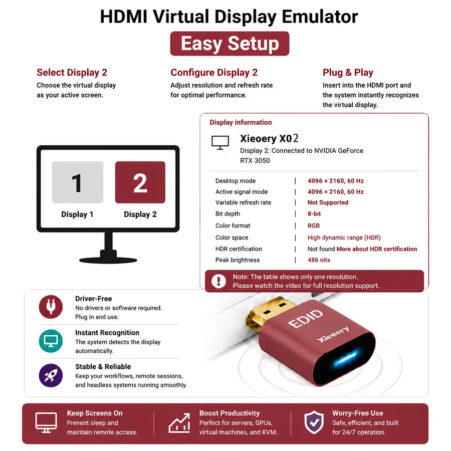 Xieoery 4K HDMI Dummy-Stecker Headless-Adapter in Gold als virtueller Monitor-Emulator für 4K@60Hz und 1080p@120Hz - Bild 2