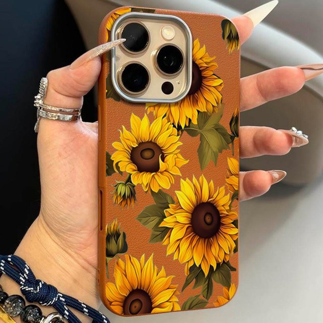 Braune Handyhülle mit Sonnenblumen-Litschi-Muster für Apple iPhone 16 15 14 13 12 11 Pro Max Pro XS X XR 7 8 Plus und 17 Air Bumper Cover - Bild 1
