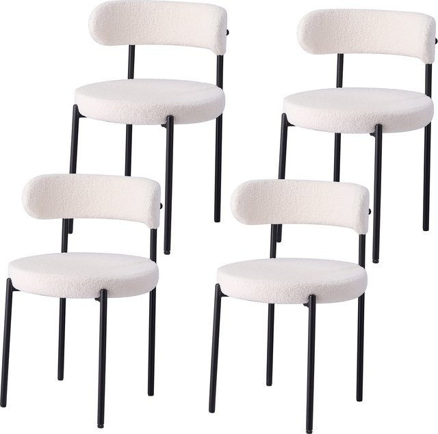 GrandCA HOME Esszimmerstuhl-Set im Mid-Century Modern Stil, runde gepolsterte Stühle mit Metallbeinen und Bouclé-Bezug in Weiß - Bild 1