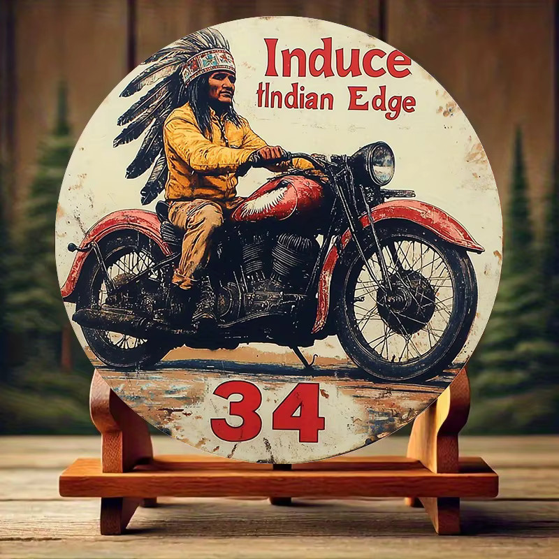 Potdemiel Indianer-Motorradkunst Wanddeko Induce Indian Edge im Vintage-Stil, runde Metallwandplatte, Mehrfarbig, Durchmesser: 20 cm - Bild 3