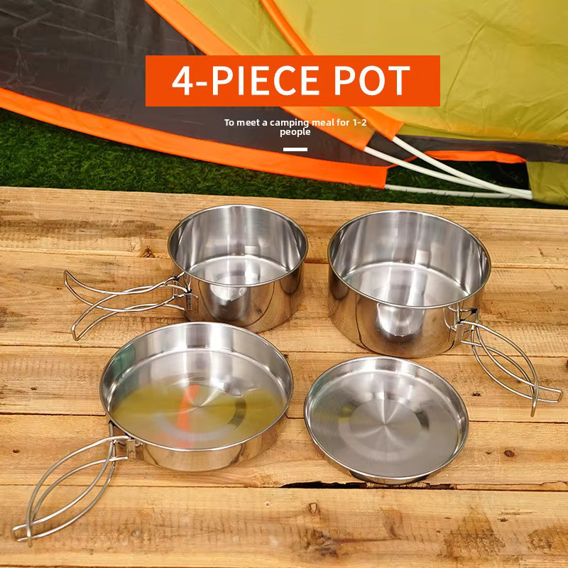 CLS 4-teiliges Camping-Kochgeschirr-Set aus Edelstahl in Silber und Weiß mit Topf, Schüssel und Utensilien für Outdoor-Aktivitäten - Bild 2