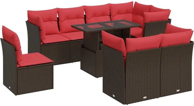 vidaXL 9-tlg. Garten-Sofagarnitur aus Akazie und braunem PE-Rattan mit Kissen - Bild 1