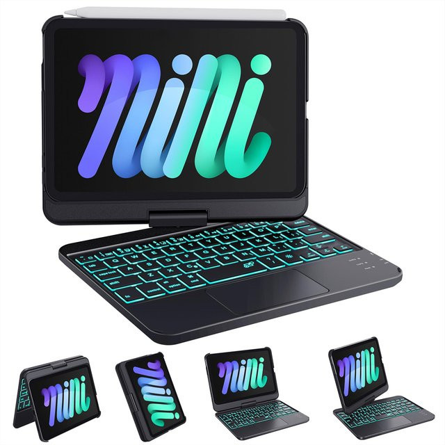 Drehbare Bluetooth-Tastaturhülle für Apple iPad Mini 7. und 6. Generation 8,3 Zoll mit RGB-Hintergrundbeleuchtung und Trackpad in Schwarz oder Silber - Bild 1