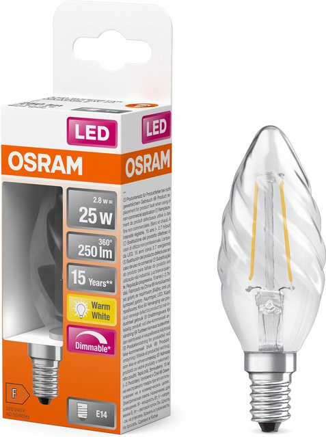 OSRAM LED Superstar Classic Mini-Kerze Filament Lampe, E14, Warmweiß, 2,8W, 250lm, Transparent - Bild 1