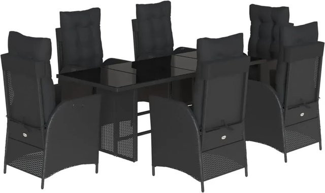 vidaXL 7-teilige Garten-Essgruppe aus Poly-Rattan in Schwarz mit Kissen und Hartglas-Tischplatte - Bild 1