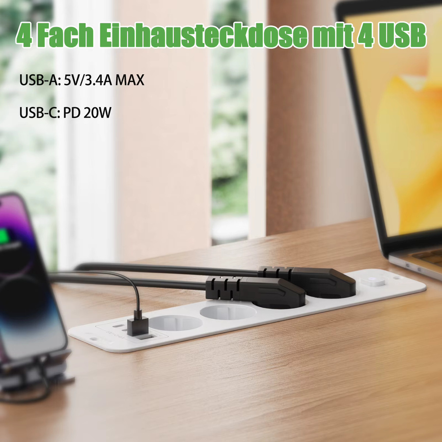 HITRENDS Desktop-Einbau-Steckdosenleiste in Weiß mit 4 oder 6 AC-Steckdosen, 2 USB-A und 2 USB-C Anschlüssen sowie Hauptschalter und 2m Verlängerungskabel - Bild 2