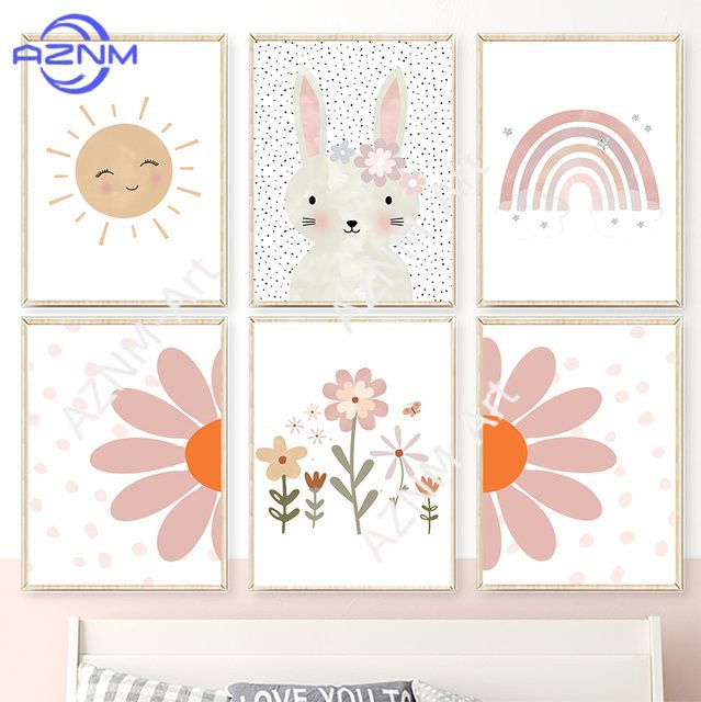 Potdemiel Boho Wandkunst Leinwandmalerei für das Kinderzimmer mit Kaninchen, Blumen und Regenbogen in Multicolour - Bild 1