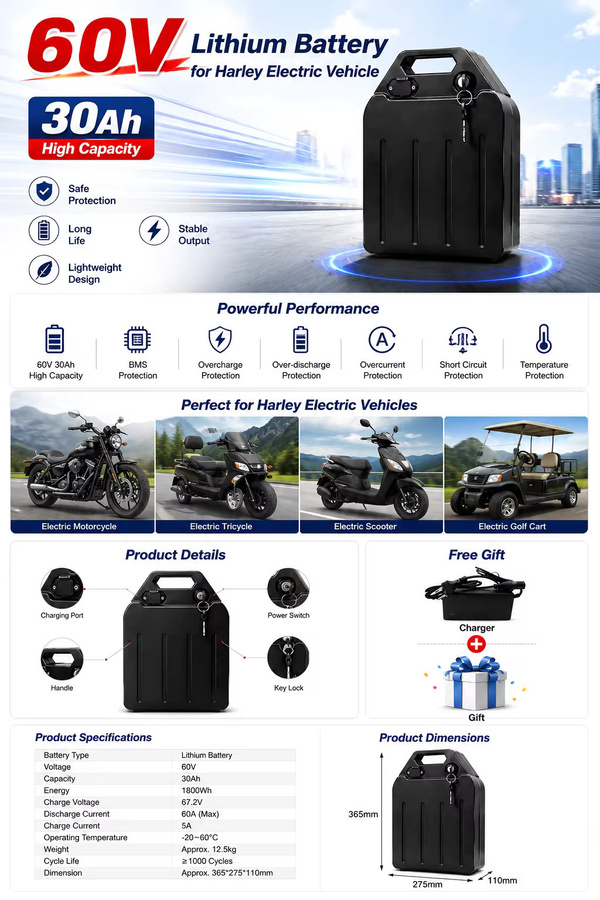 Ddadache Wasserdichter 60V 30Ah Lithium-Ionen Akku für Elektromotorrad mit 18650 Zellen in Schwarz - Bild 2