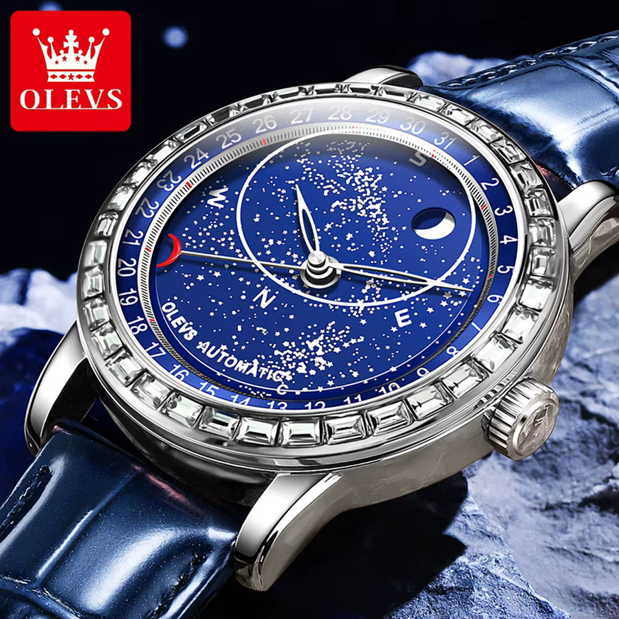 OLEVS Armbanduhr Automatik, Edelstahl, Leder, Blau, Mondphase, Herren - Bild 4