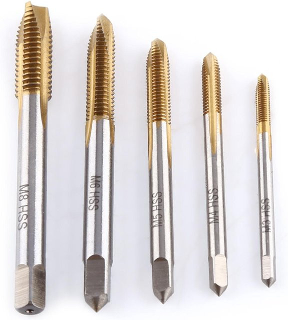 5-teiliges Kkmoon Gewindebohrer-Set aus HSS mit Titannitridbeschichtung in Gold, M3 M4 M5 M6 M8 mit Vorwärtsspanauswurf aus Edelstahl - Bild 1